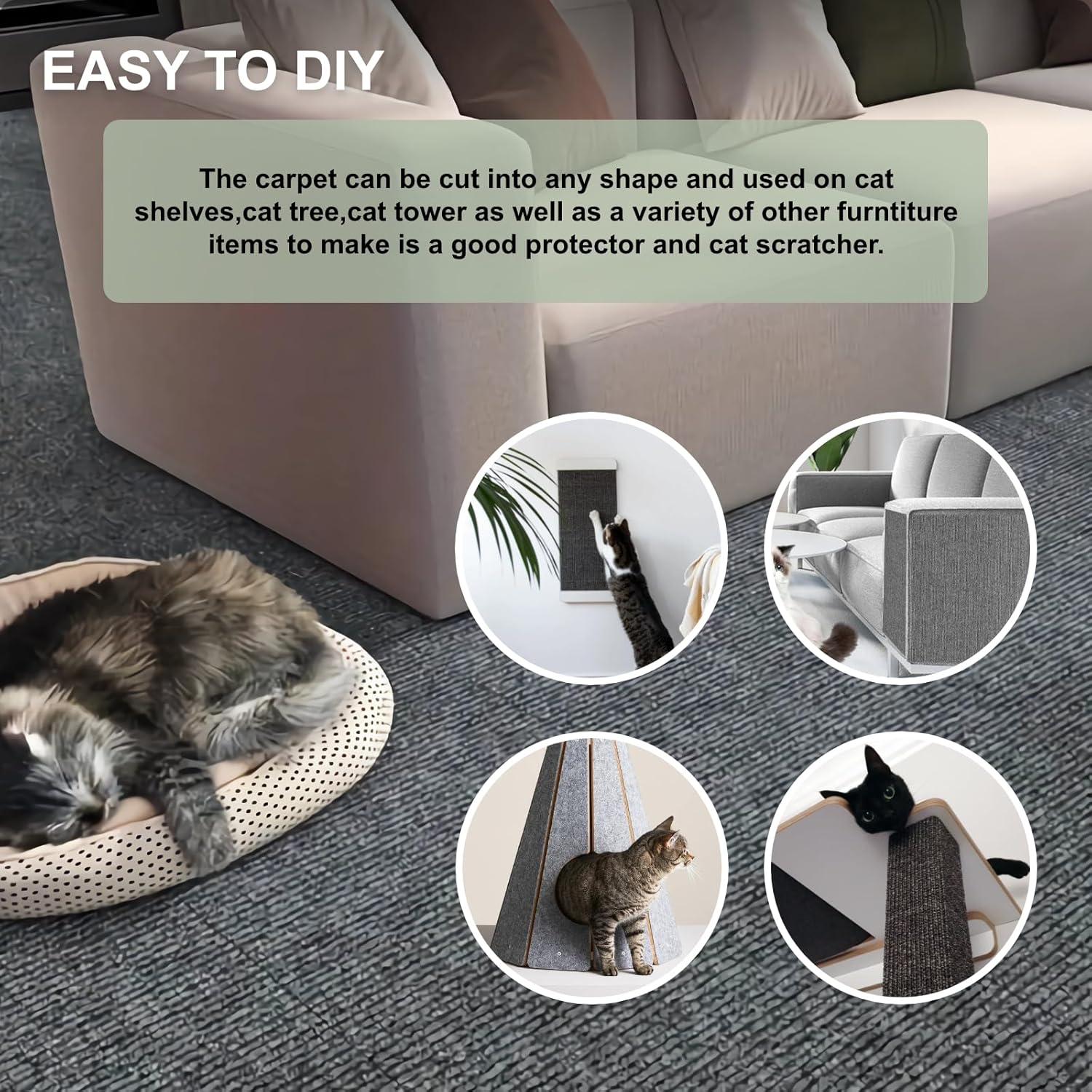 Cat Scratch Couch Furniture Protector, Adhesive Cat Scratch Pad Deterrent for Furniture, DIY Climbing Cat Scratcher Couch Protector from Cat Claws Scratching for Indoor (Light Grey, 78.7x15.8Inch) - Image 5